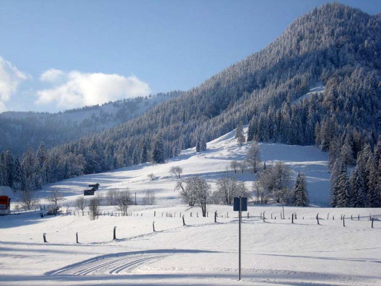 The Lammertal with views of the Tennengebirge mountains in the winter