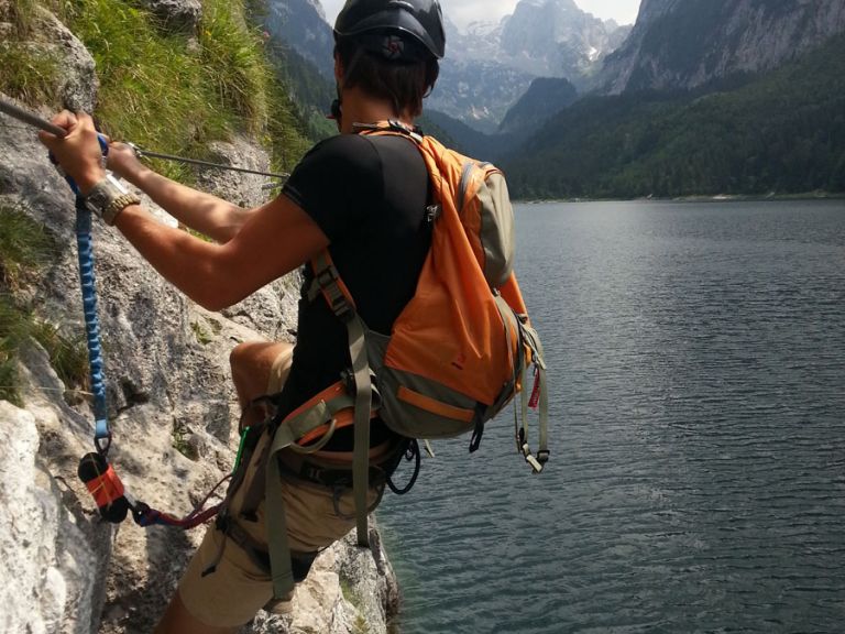 Climbers at the Gosausee via ferrata