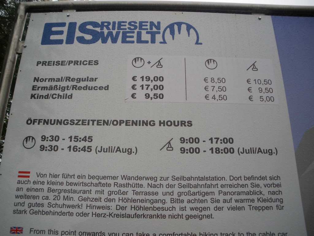 Eintrittspreise 2009 Eisriesenwelt Werfen