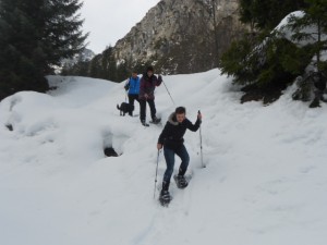 Gruppe von Schneeschuhwanderern beim Abstieg