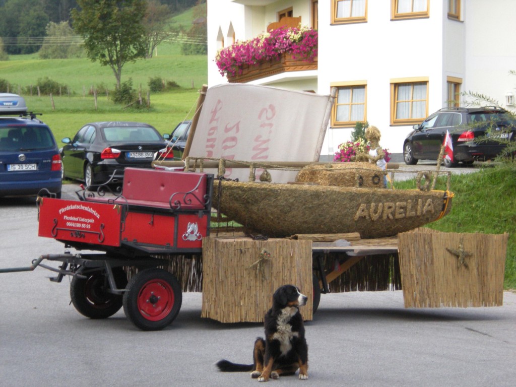 Heuschiff und Bernersennenhündin "Aurelia" mit noch nicht gehisstem Segel beim Lammertaler HeuART Fest 2009