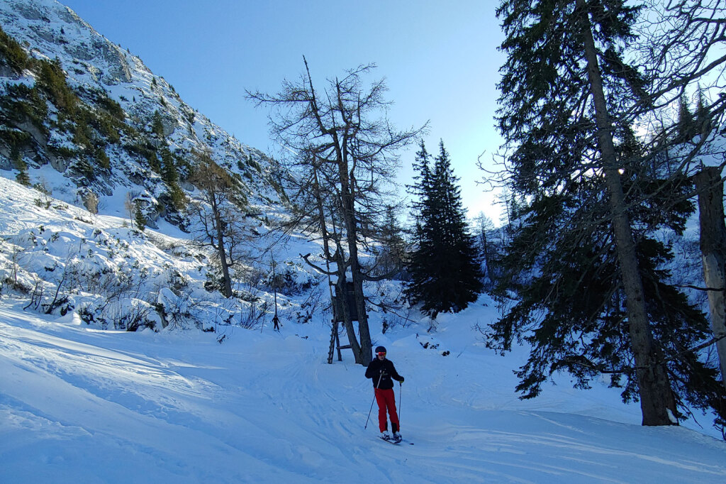 Skifahrer übt im Tiefschnee